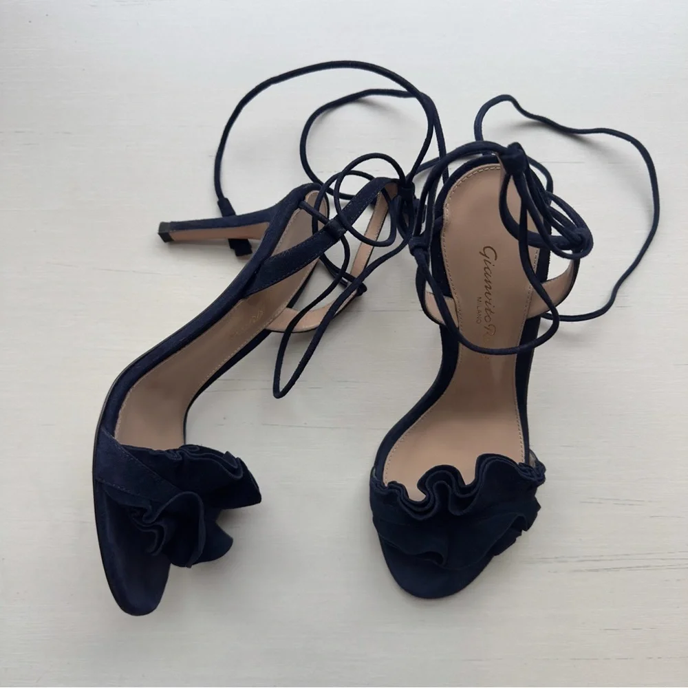Gianvito Rossi Flora 85 Suede Lace-Up Heels – Navy – Size 35 - Picture 3 of 8